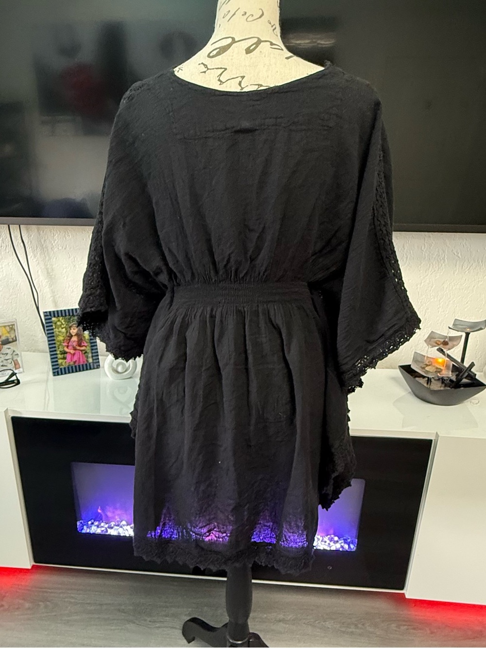 BLANCO 100% Cotton Boho Black Kimono Sleeve Tunic Dress Lace Accent Small - Picture 7 of 16